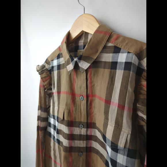 [SOLD] NEW BURBERRY Women's Sz US 6 Nova Check Ruffle Frill Shoulder Shirt - Picture 5 of 12